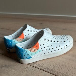 Native Kids White Sneakers with Blue and Orange Accents